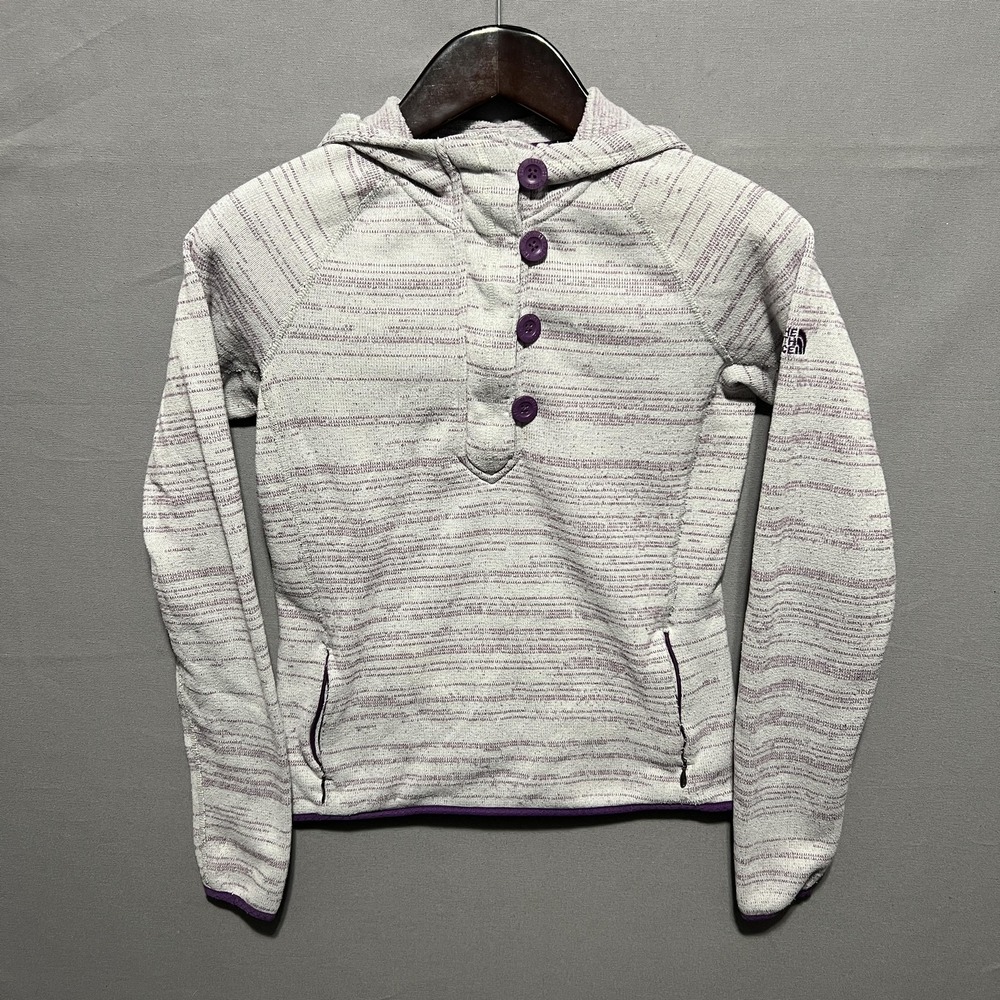 The North Face Hoodie Womens Medium‎ Gray Striped Fleece Henley 1/4 Zip Pullover